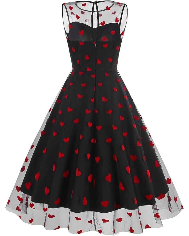 Women Sleeveless Floral Embroidery Mesh Neck Dress Vintage 50s Keyhole Heart Print Swing Party Dress Black+red $11.09 Dresses