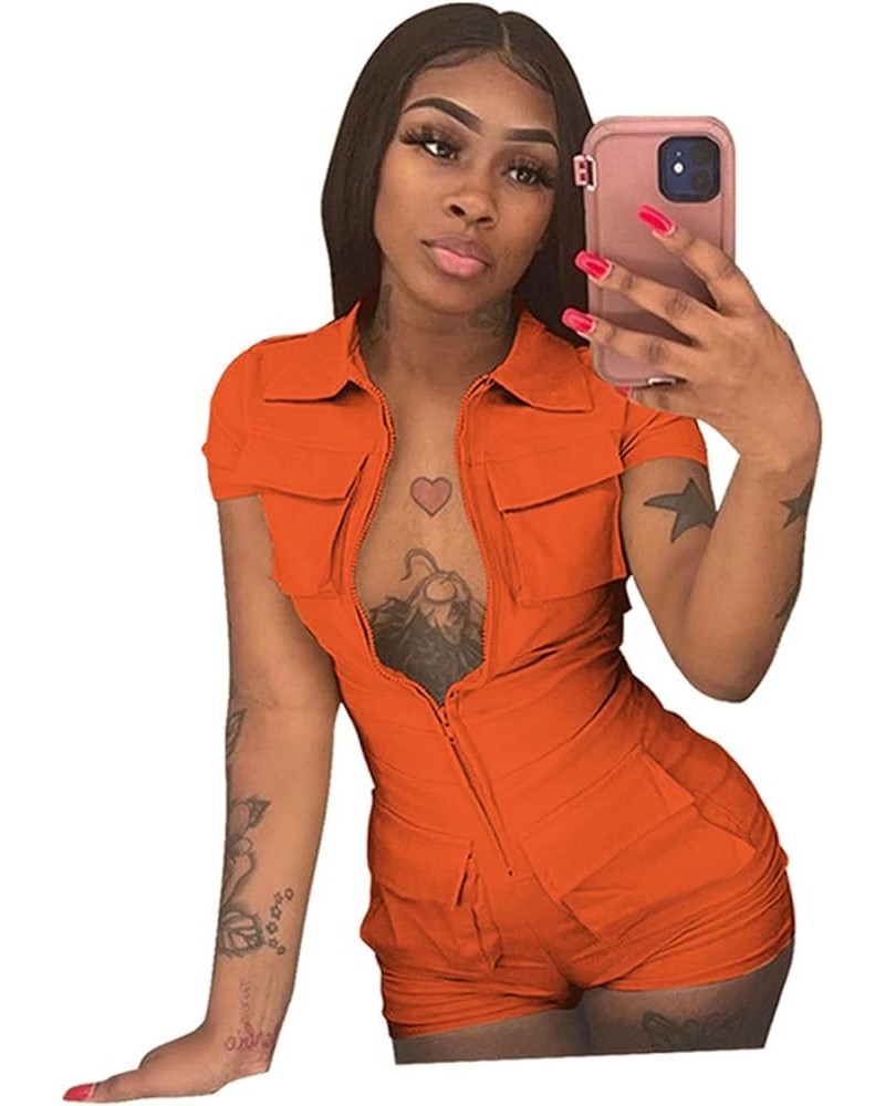 Womens Sexy Bodycon Romper Zip Up Solid Color Short Pants One Piece Jumpsuits Clubwear with Multiple Pockets Orange $17.84 Ju...