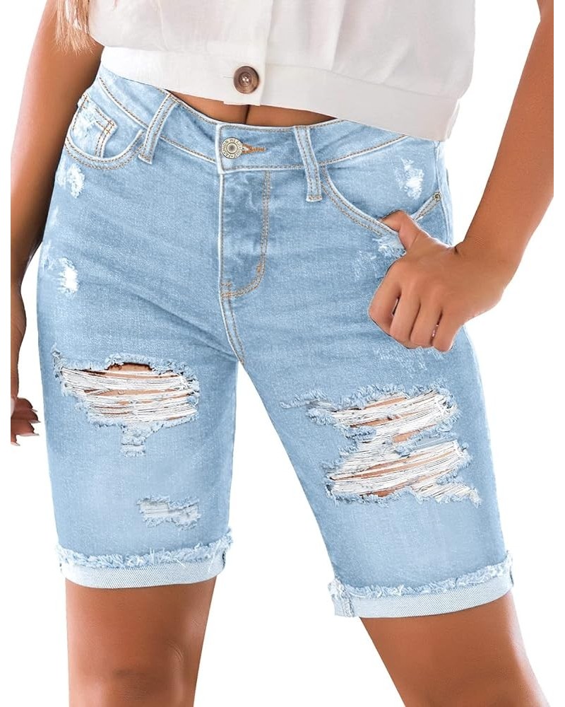 Women High Waisted Stretch Bermuda Shorts Ripped Rolled Hem Jean Shorts R Ocean Aqua 066 $16.10 Shorts