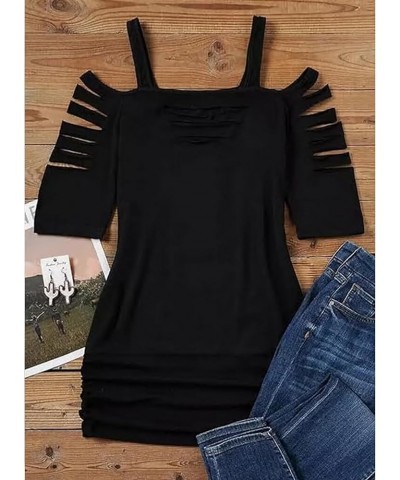 Womens Button Fake Two-Piece Ruched Blouse V Neck T Shirts Summer V Neck Cold Shoulder Tops T Shirts Tunic Blouses Black $12....