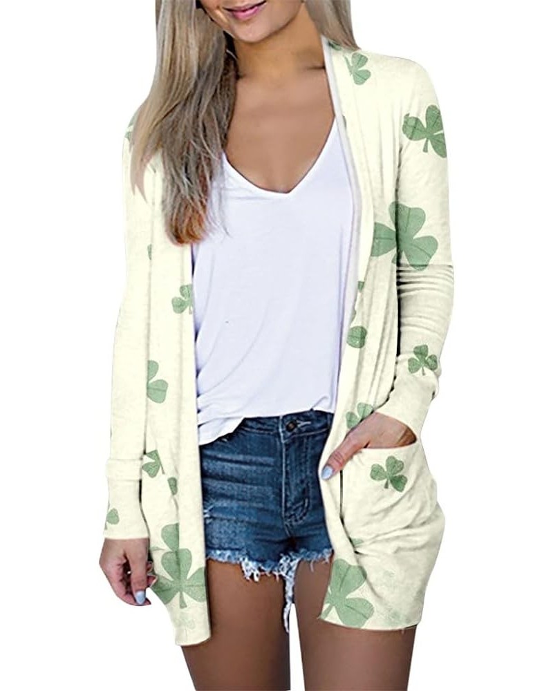 St. Patrick's Day Long Sleeve Cardigan for Women, Casual Shamrock Clover Print Irish Gift Open Front Cardigans Sweater Ubeige...