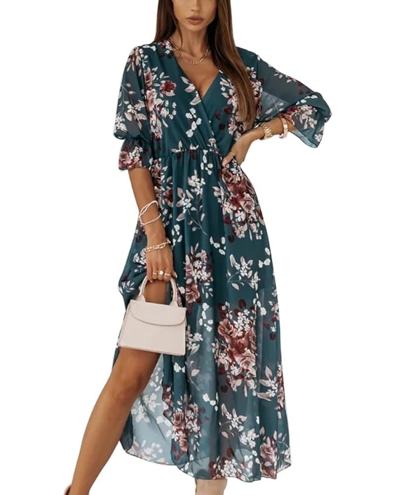 Womens Floral Printed Wrap V Neck Short Sleeve Side Split Maxi Dress Green $14.34 Dresses