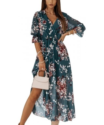 Womens Floral Printed Wrap V Neck Short Sleeve Side Split Maxi Dress Green $14.34 Dresses