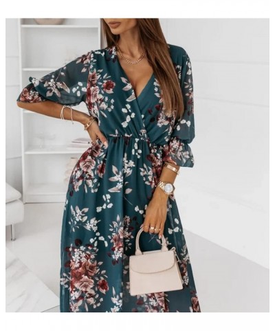 Womens Floral Printed Wrap V Neck Short Sleeve Side Split Maxi Dress Green $14.34 Dresses