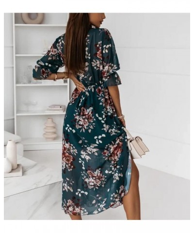 Womens Floral Printed Wrap V Neck Short Sleeve Side Split Maxi Dress Green $14.34 Dresses