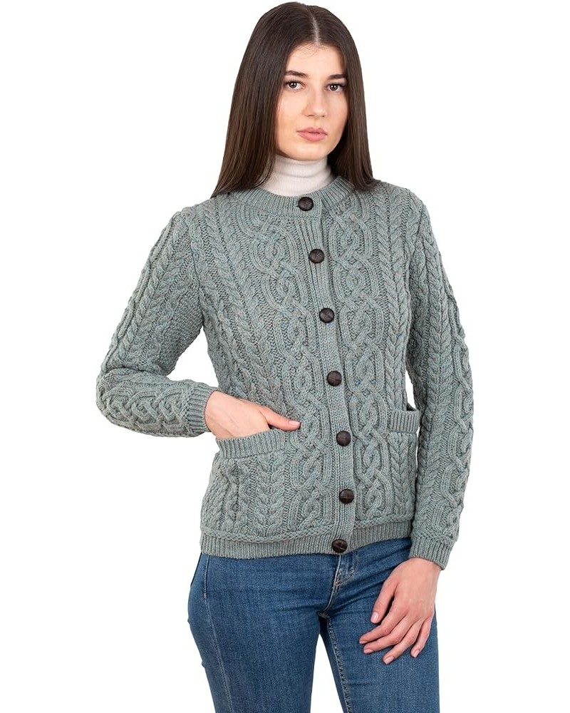 100% Merino Wool Ladies Irish Buttons Knit Cardigan Lumber Jacket with Pockets Skylight $40.96 Sweaters