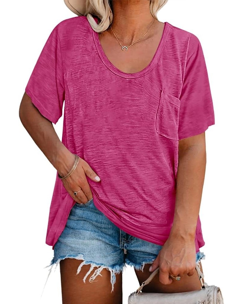 Womens Plus Size Tunic T Shirts Short Sleeve Round Neck Soft Loose Shirts Summer Casual Tops with Pocket Rose Red $16.81 T-Sh...