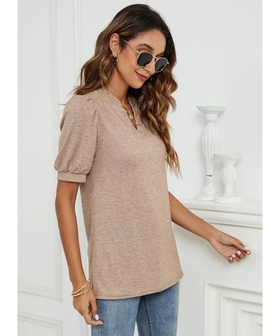 St. Jubileens Women's Short Sleeve Summer Shirt Tunic V Neck Puff Sleeve Casual Pullover Loose Blouses Tops Puff Sleeve-brown...