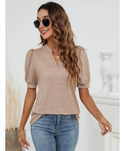 St. Jubileens Women's Short Sleeve Summer Shirt Tunic V Neck Puff Sleeve Casual Pullover Loose Blouses Tops Puff Sleeve-brown...