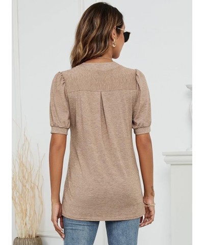 St. Jubileens Women's Short Sleeve Summer Shirt Tunic V Neck Puff Sleeve Casual Pullover Loose Blouses Tops Puff Sleeve-brown...