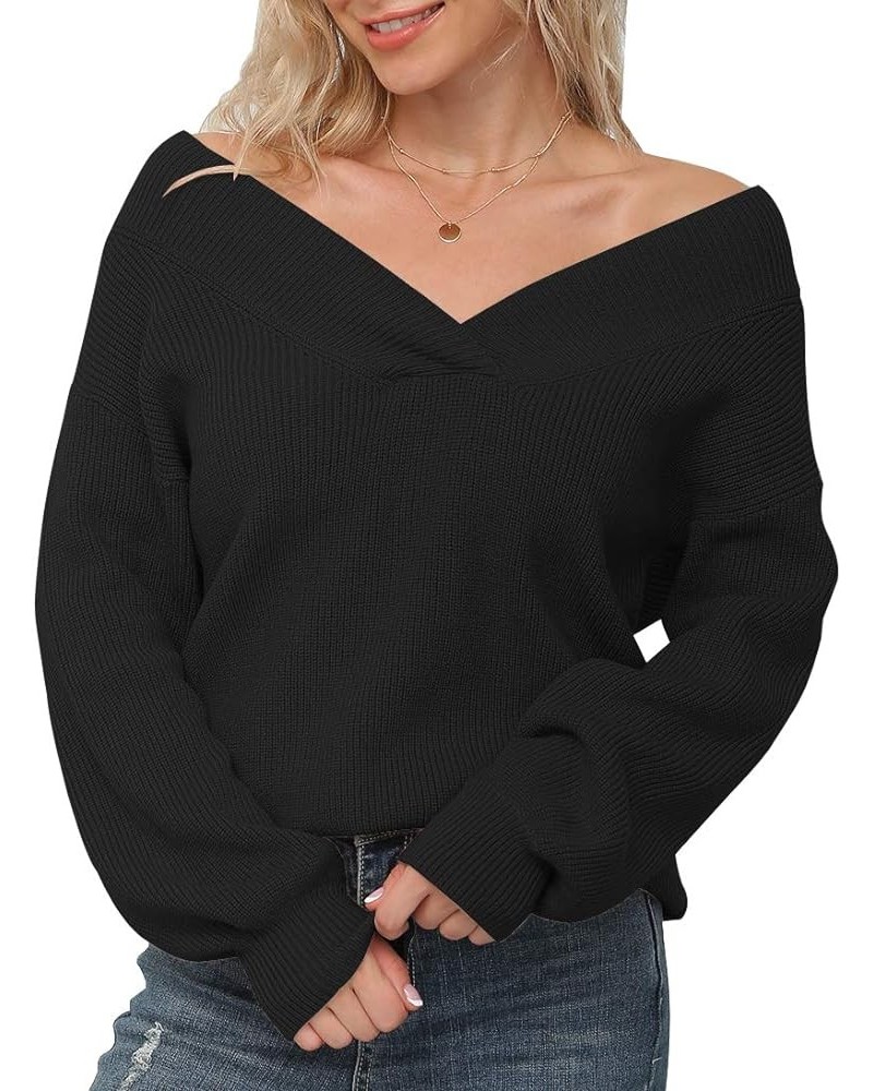 Women's Off Shoulder Sweater Long Sleeve Loose Tops V-Neck Pullover Knit Jumper 03 Black $16.79 Sweaters