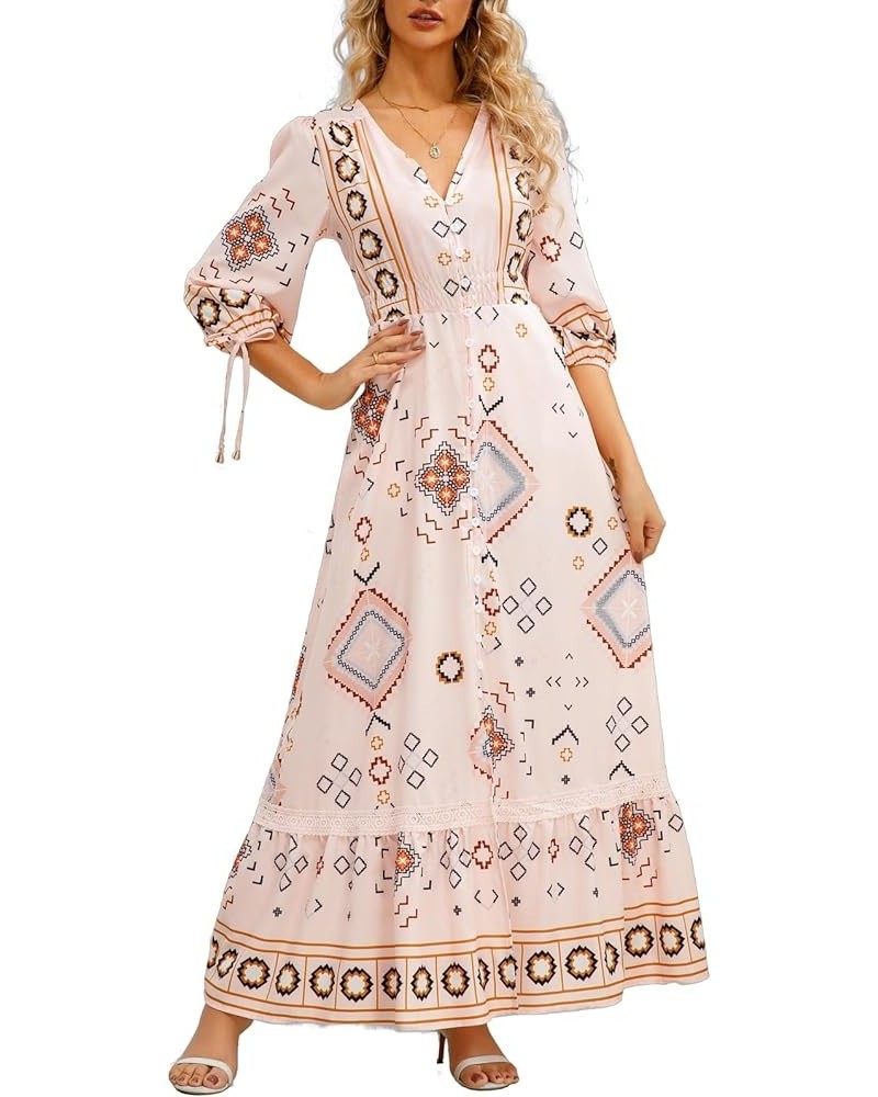 Women's Summer Casual Bohomian 3/4 Sleeve V-Neck Loose Fit Elegant Flowy Maxi Sun Dresses Beige Floral $22.13 Dresses