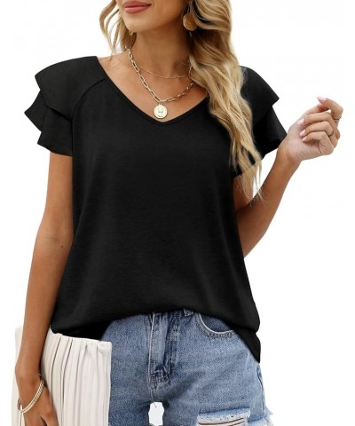 Womens Summer Tops Ruffle Short Sleeve V Neck T-Shirts Casual Loose Fit 1a Black $11.99 T-Shirts