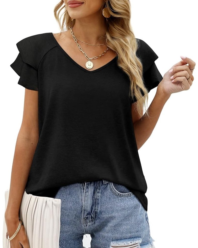 Womens Summer Tops Ruffle Short Sleeve V Neck T-Shirts Casual Loose Fit 1a Black $11.99 T-Shirts