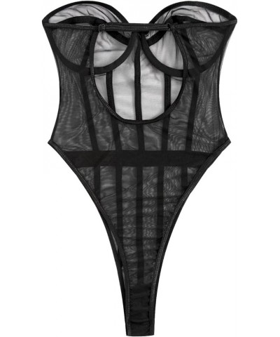 Women's Mesh Strapless Stretch Bandeau Underwire Skinny Bodysuit Black $18.01 Lingerie