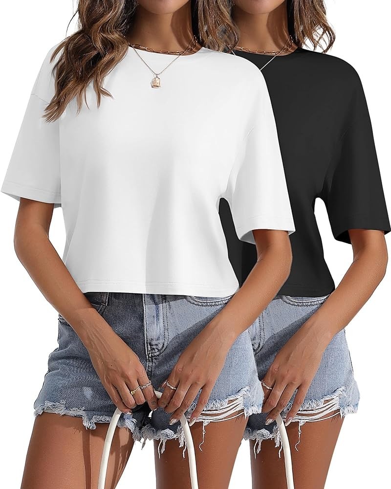 2 Pcs Women's Crop T-Shirts Short Sleeve Crop Tops Women Crew Neck Tees Half Sleeve Workout Cropped Tee Shirts Black, White $...