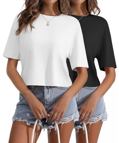 2 Pcs Women's Crop T-Shirts Short Sleeve Crop Tops Women Crew Neck Tees Half Sleeve Workout Cropped Tee Shirts Black, White $...