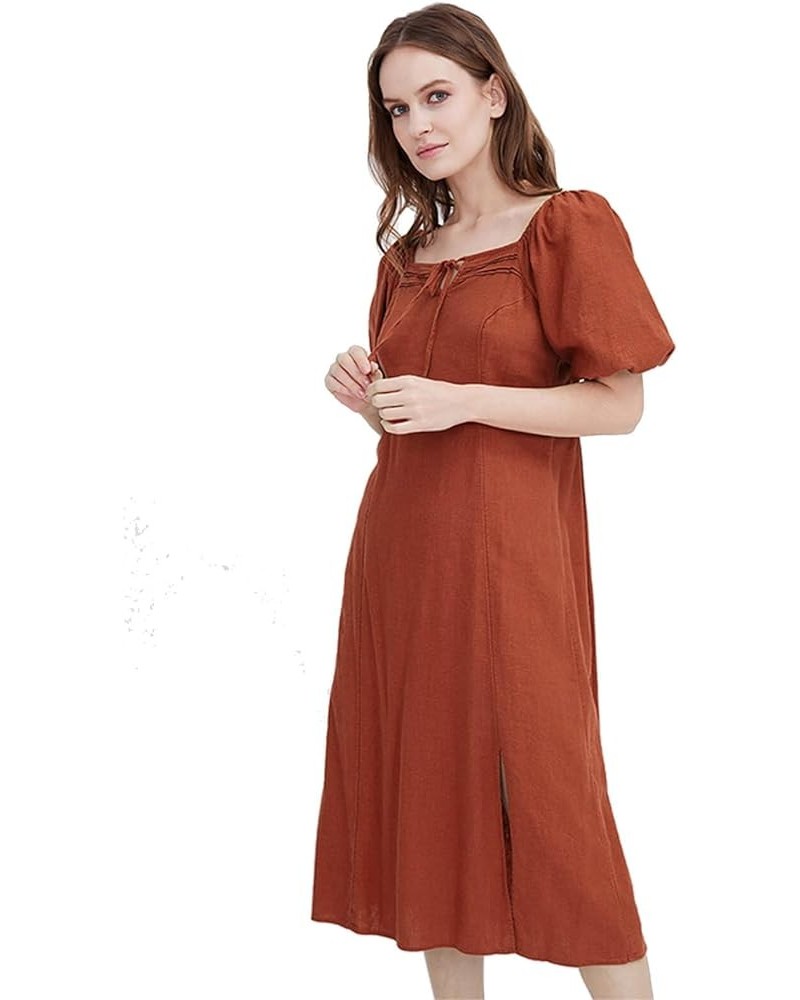 Women's Square Neck Casual Midi Dress, Spring Summer Puff Sleeve Dress, Linen Blend Short Sleeves Long Dress for Women 2X-Lar...