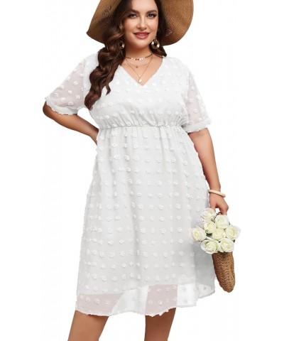 Women's Plus Size Swiss Dot Midi Dress Chiffon Short Sleeve Summer Dresses V Neck Wedding Guest Flowy High Waist White, V Nec...