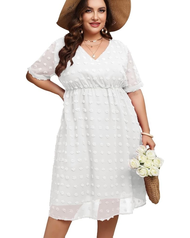 Women's Plus Size Swiss Dot Midi Dress Chiffon Short Sleeve Summer Dresses V Neck Wedding Guest Flowy High Waist White, V Nec...