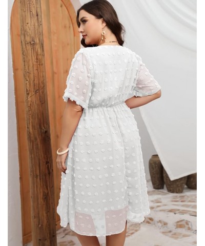 Women's Plus Size Swiss Dot Midi Dress Chiffon Short Sleeve Summer Dresses V Neck Wedding Guest Flowy High Waist White, V Nec...