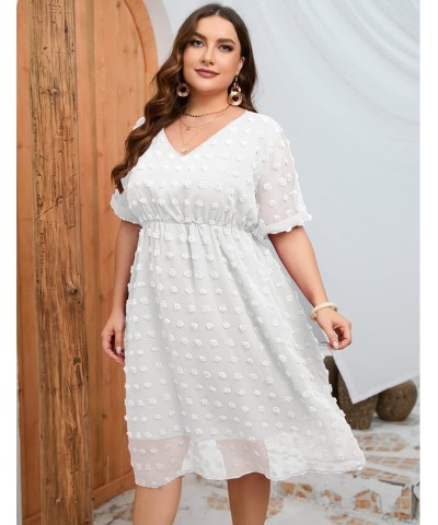 Women's Plus Size Swiss Dot Midi Dress Chiffon Short Sleeve Summer Dresses V Neck Wedding Guest Flowy High Waist White, V Nec...