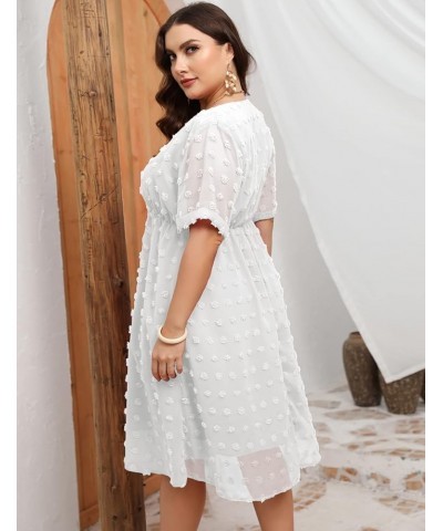 Women's Plus Size Swiss Dot Midi Dress Chiffon Short Sleeve Summer Dresses V Neck Wedding Guest Flowy High Waist White, V Nec...