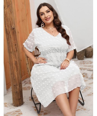 Women's Plus Size Swiss Dot Midi Dress Chiffon Short Sleeve Summer Dresses V Neck Wedding Guest Flowy High Waist White, V Nec...