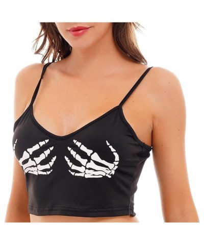 Girlzlwalk Women's Cami Crop Top - Ladies Skeleton Skull Hand Print Sports Bra Sleeveless Spaghetti Strap Tank Top Size S-XXL...