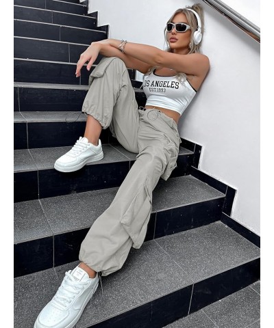 Women's Drawstring High Waist Cargo Pants Sweatpants with Pocket Light Grey $24.18 Activewear