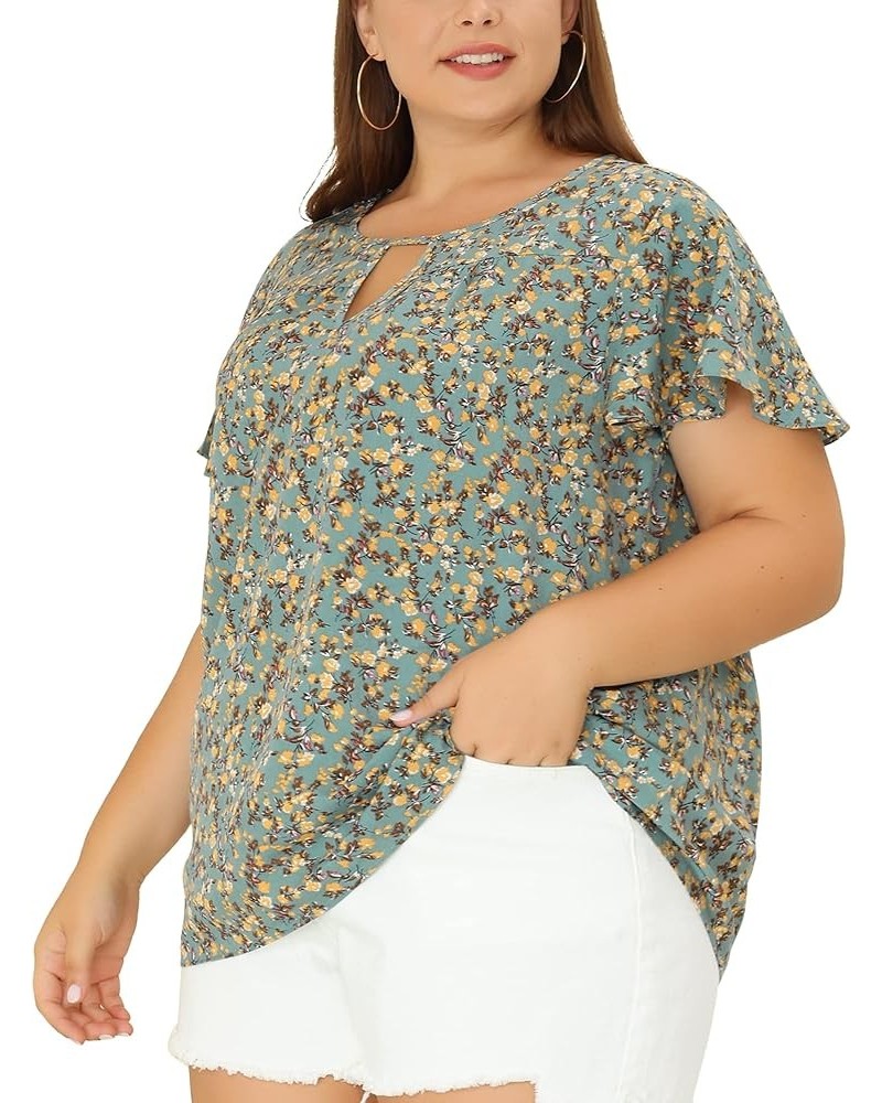 Women's Plus Size Blouses Summer Ruffle Short Sleeve Shirts Keyhole Chiffon Tops Grey Green $10.50 Blouses