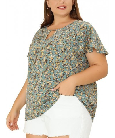 Women's Plus Size Blouses Summer Ruffle Short Sleeve Shirts Keyhole Chiffon Tops Grey Green $10.50 Blouses