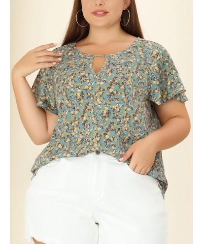 Women's Plus Size Blouses Summer Ruffle Short Sleeve Shirts Keyhole Chiffon Tops Grey Green $10.50 Blouses