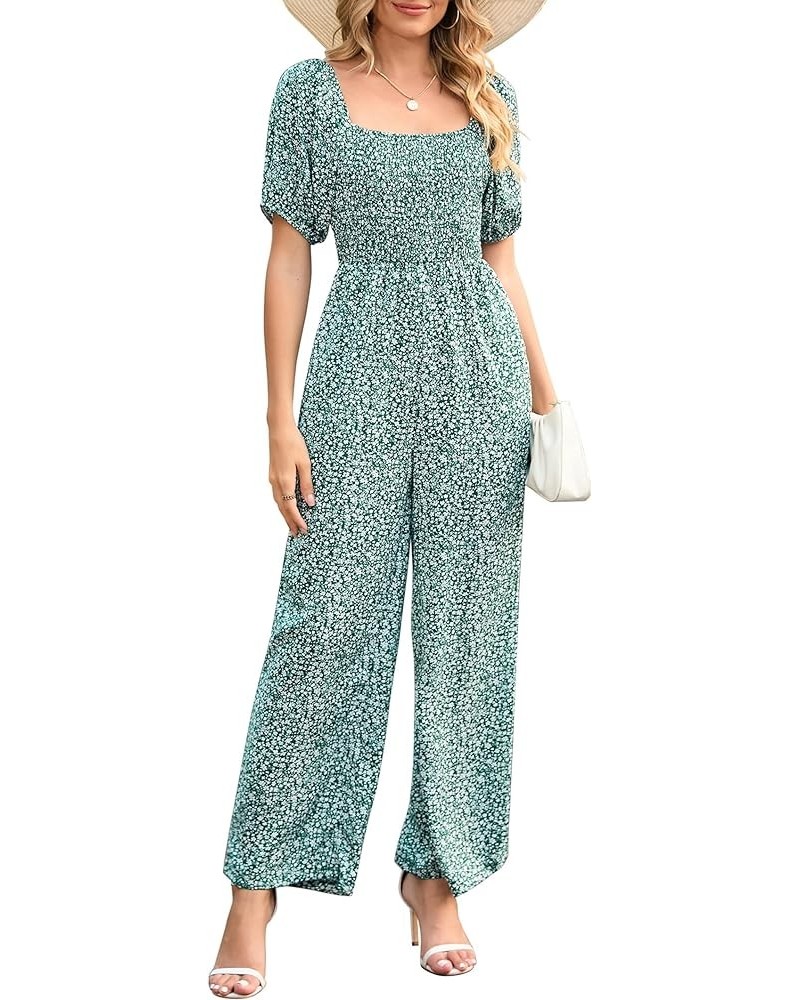 Women's Summer Smocked Jumpsuits Casual Square Neck Short Sleeve High Waist Wide Leg Rompers with Pockets Green Floral 1 $22....