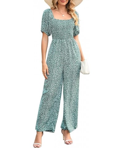 Women's Summer Smocked Jumpsuits Casual Square Neck Short Sleeve High Waist Wide Leg Rompers with Pockets Green Floral 1 $22....