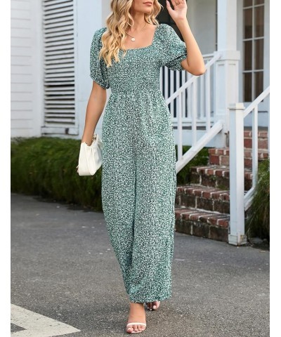 Women's Summer Smocked Jumpsuits Casual Square Neck Short Sleeve High Waist Wide Leg Rompers with Pockets Green Floral 1 $22....