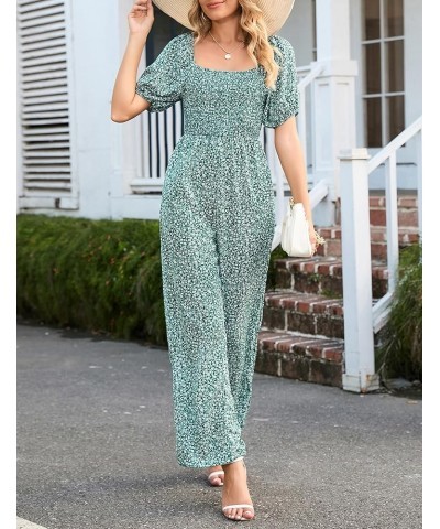 Women's Summer Smocked Jumpsuits Casual Square Neck Short Sleeve High Waist Wide Leg Rompers with Pockets Green Floral 1 $22....