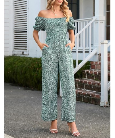 Women's Summer Smocked Jumpsuits Casual Square Neck Short Sleeve High Waist Wide Leg Rompers with Pockets Green Floral 1 $22....