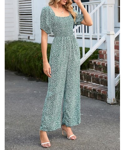 Women's Summer Smocked Jumpsuits Casual Square Neck Short Sleeve High Waist Wide Leg Rompers with Pockets Green Floral 1 $22....