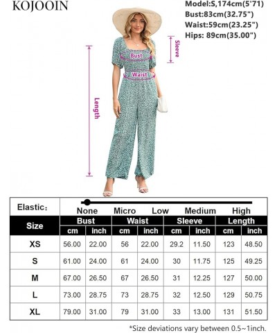 Women's Summer Smocked Jumpsuits Casual Square Neck Short Sleeve High Waist Wide Leg Rompers with Pockets Green Floral 1 $22....