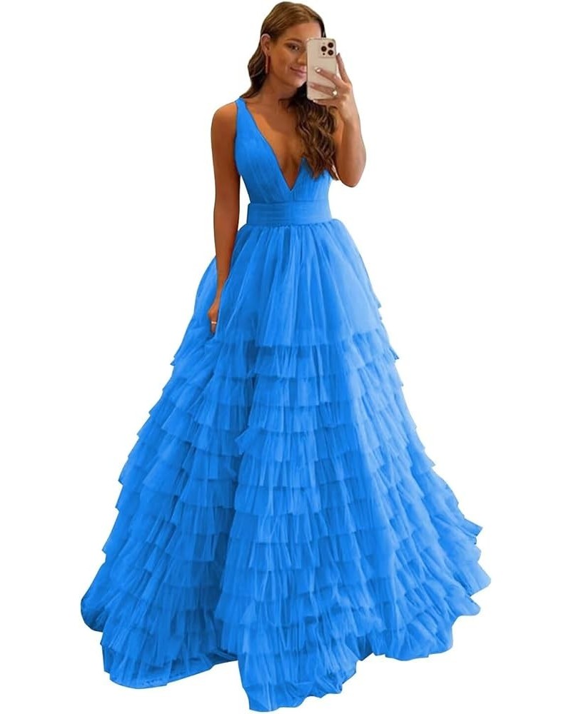 Tulle Prom Dresses for Women Long Puffy Ball Gown V Neck Ruffle Tiered Formal Evening Dresses Blue $34.00 Dresses