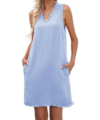 Women Cute Sleeveless Ruffled Deep V Neck Dresses Cotton Linen Dress for Summer Casual Shift Dress with Pockets Sky Blue $16....