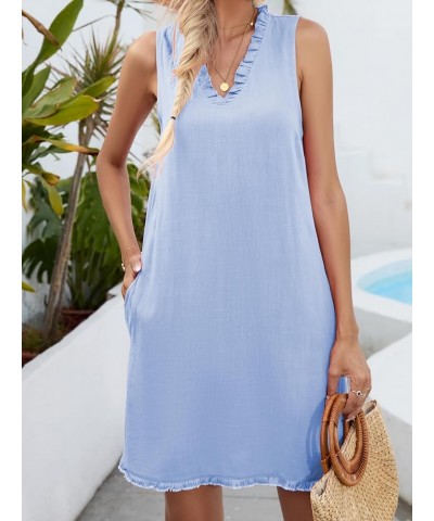 Women Cute Sleeveless Ruffled Deep V Neck Dresses Cotton Linen Dress for Summer Casual Shift Dress with Pockets Sky Blue $16....