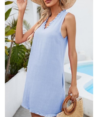 Women Cute Sleeveless Ruffled Deep V Neck Dresses Cotton Linen Dress for Summer Casual Shift Dress with Pockets Sky Blue $16....