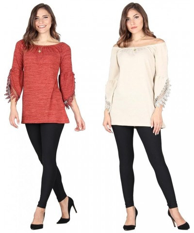 Women's Open Sleeve Tunic, Loose Casual Stretchable Pullover Red/Ivory $10.50 Tops