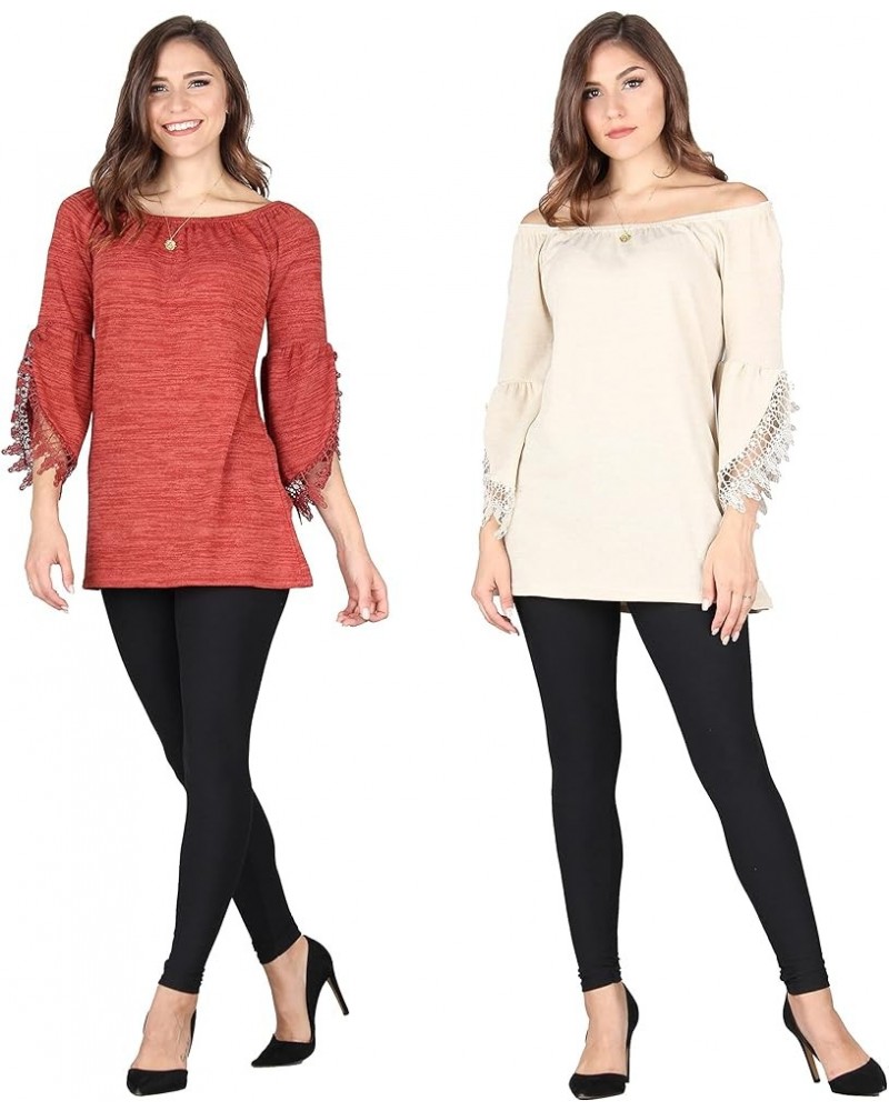 Women's Open Sleeve Tunic, Loose Casual Stretchable Pullover Red/Ivory $10.50 Tops