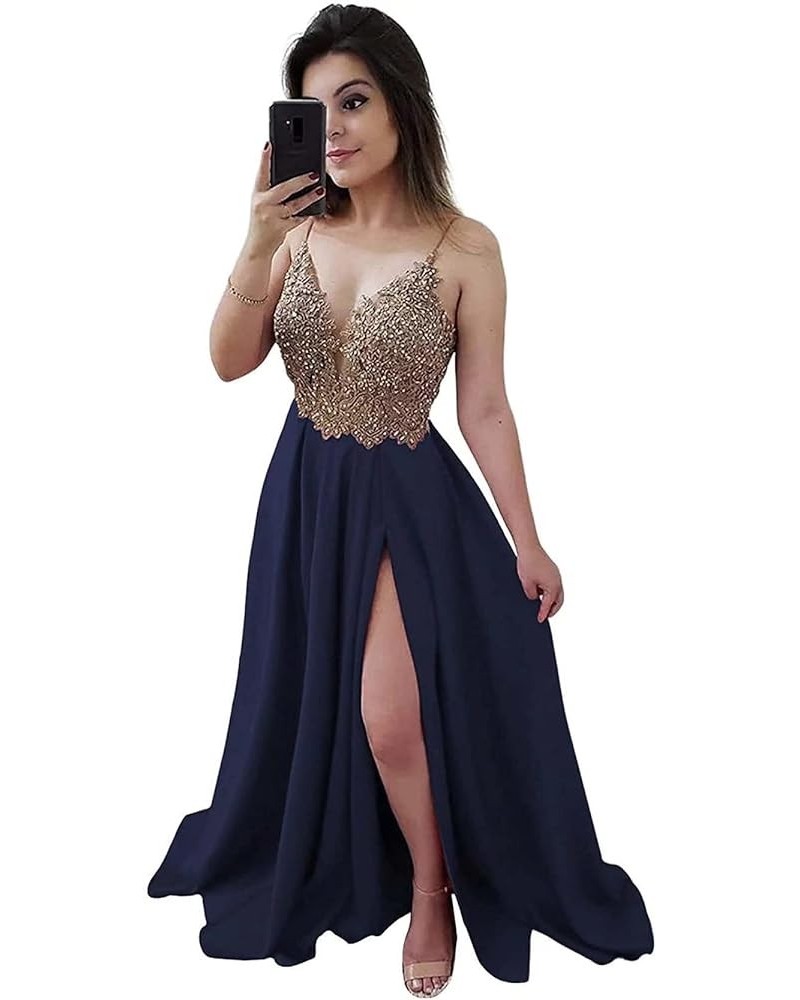 Women's v Neck lace Long Prom Dresses with Slit 2021 Satin Applique a line Ball Gown Formal Evening Dress with Pocket Navy $4...