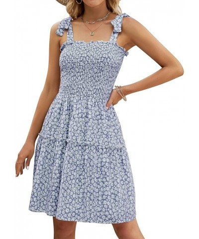 Women's 2024 Summer Boho Floral Printed Spaghetti Strap Square Neck Ruffle A Line Swing Beach Mini Dress Midblue $20.29 Dresses