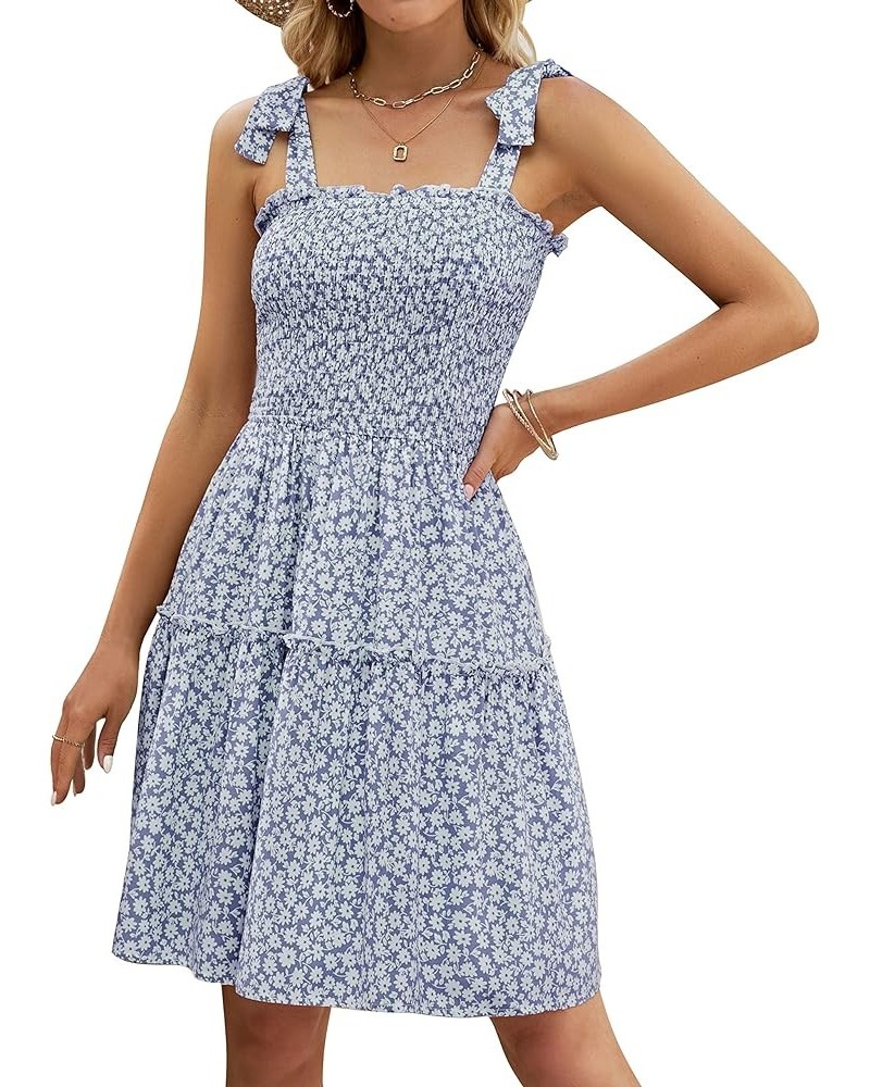 Women's 2024 Summer Boho Floral Printed Spaghetti Strap Square Neck Ruffle A Line Swing Beach Mini Dress Midblue $20.29 Dresses